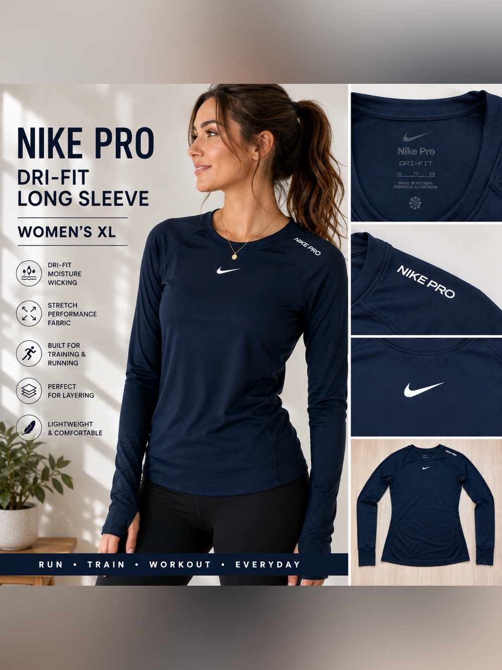 Nike Pro Dri-FIT Women’s XL Long Sleeve Running Shirt Black Athletic Workout
